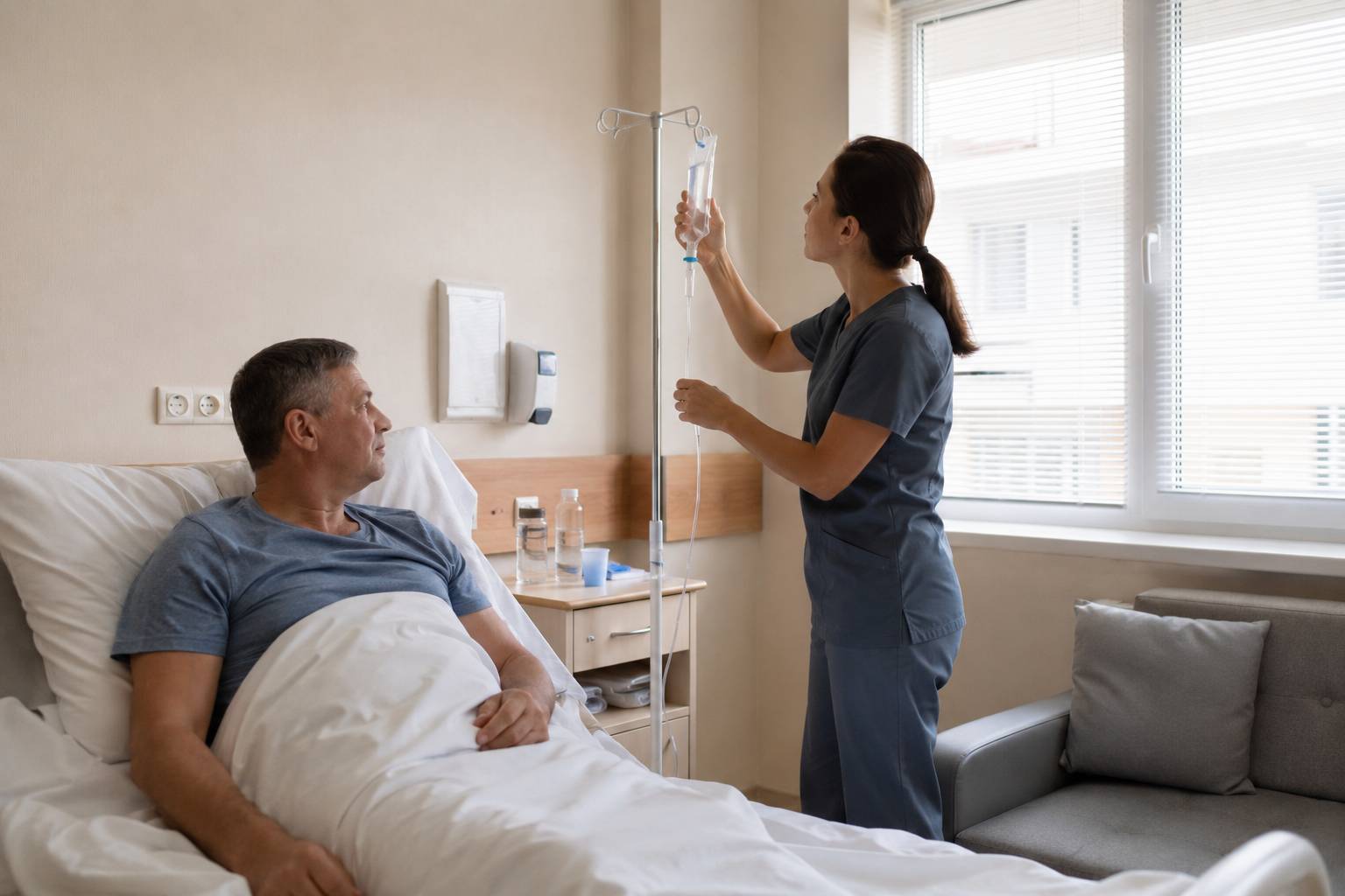 Специалист готовит пациента к капельнице с янтарной кислотой